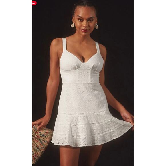 Anthropologie Mare Mare Tatum White Eyelet Mini Dress Large Flare Hem Coquette - Picture 3 of 13